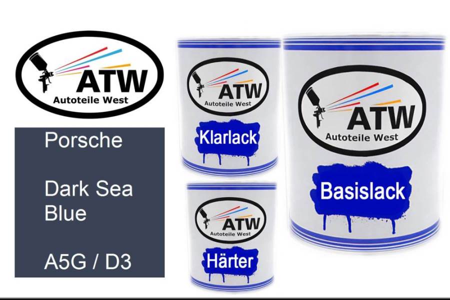 Porsche, Dark Sea Blue, A5G / D3: 1L Lackdose + 1L Klarlack + 500ml Härter - Set, von ATW Autoteile West.